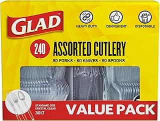 Glad Clear Disposable Cutlery Set with Heavy Duty Plastic Forks, Knives, and Spoons, Reusable Dishwasher Safe Plastic Utensils for Parties...