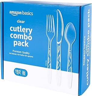 Amazon Basics Disposable Clear Plastic Cutlery Set, Premium Quality, Strong, 192 Count, Large Combo Pack Forks, Spoons and Knives