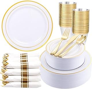 WDF Partyware 350Piece Gold Dinnerware Set for 50 Guests - Gold Plastic Plates with Disposable Cutlery - 50Dinner Plates-50Dessert Plates-5...