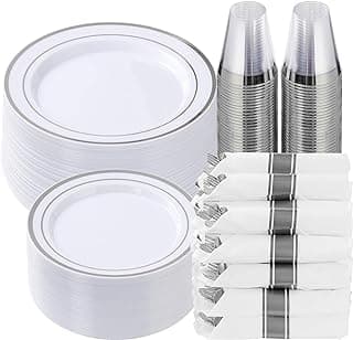Goodluck 350 Piece Silver Plastic Dinnerware Set for 50 Guests, Fancy Disposable Plates for Party, Include: 50 Dinner Plates, 50 Dessert Pl...