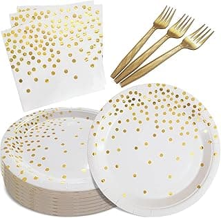 White and Gold Paper Plates Napkins Party Supplies,Disposable Gold Dot Paper Dessert Plates,105 PCS Birthday Plates and Napkins Party Suppl...