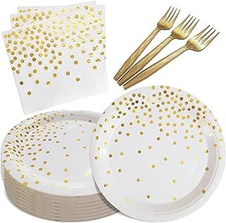 White and Gold Paper Plates Napkins Party Supplies,Disposable Gold Dot Paper Dessert Plates,105 PCS Birthday Plates and Napkins Party Suppl...