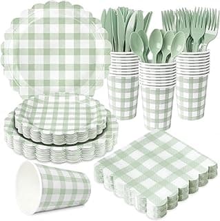 175 PCS Sage Green Gingham Party Supplies Includes Green Gingham Paper Plates, Cups, Napkins, Cutlery for Wedding Bridal Shower Birthday Ba...