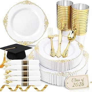 Nervure 350PCS Gold Plastic Plates - Gold Plastic Dinnerware Sets for 50 Guests - 100 Disposable Plates, 150 Silverware, 50 Cups, 50 Napkin...