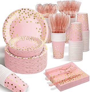 AIRE 175PCS Pink Rose Gold Party Supplies, Heavy Duty Disposable Dinnerware Set Serves 25, Paper Plates Plastic Forks Knives Spoons Cutlery...