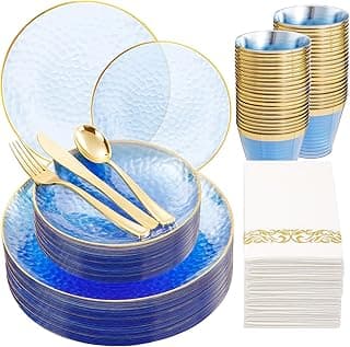 Rubtlamp 175 Pcs Plastic Dinnerware Set (25 Guests), Blue Disposable Plates With Gold Rim, Hammered Party Plates Set Include Dinner Platos,...